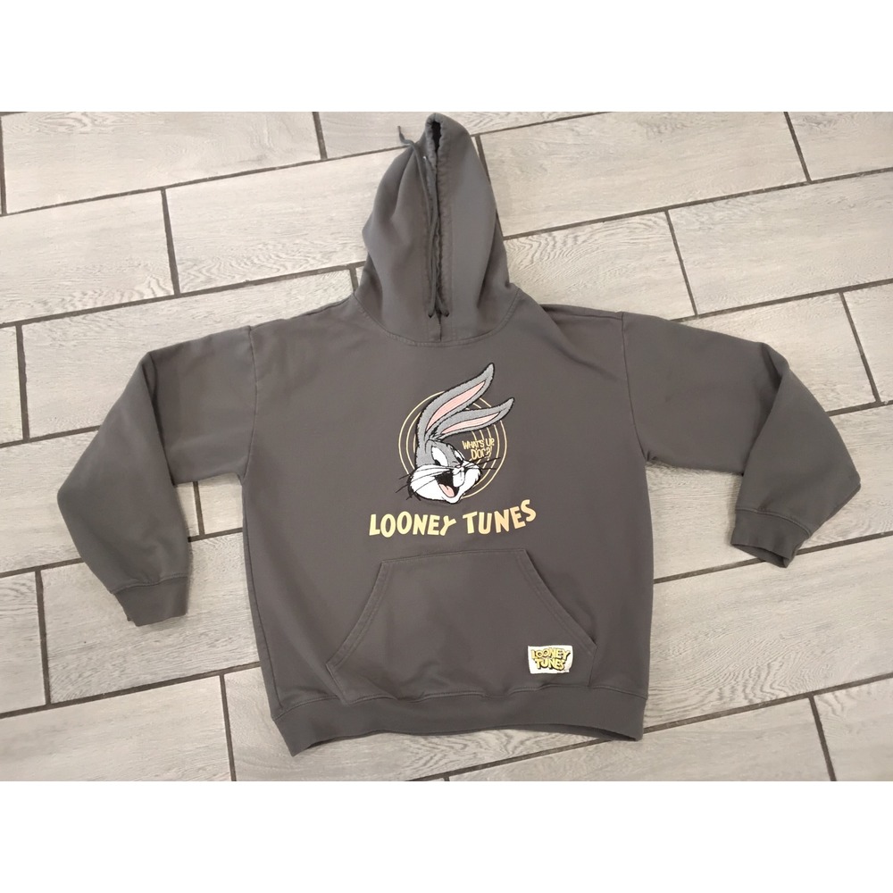 Looney Tunes Bugs Bunny Graphic Hoodie Charcoal Gray Pullover Sweatshirt-L